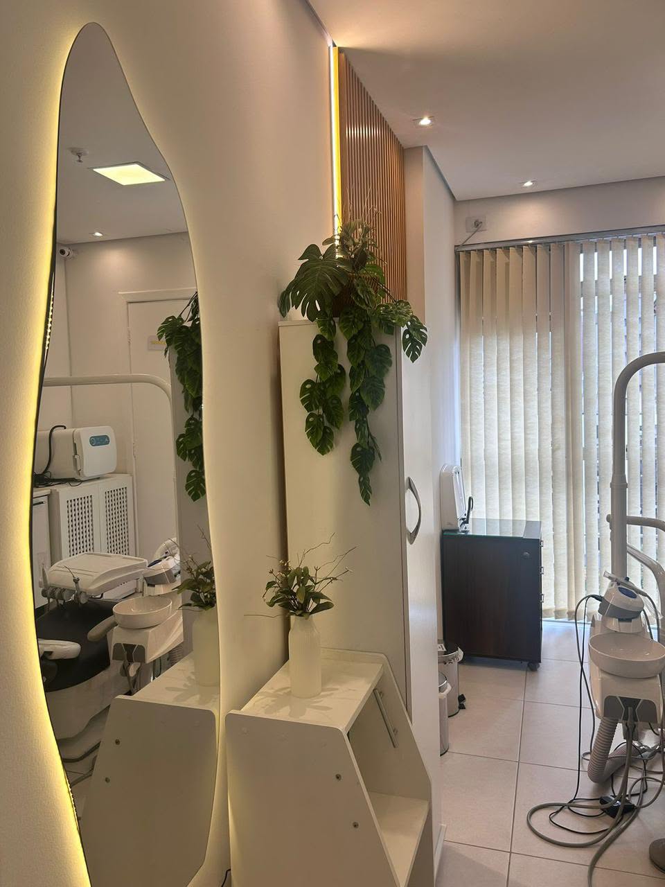 Espelho iluminado e plantas junto à sala de atendimento.